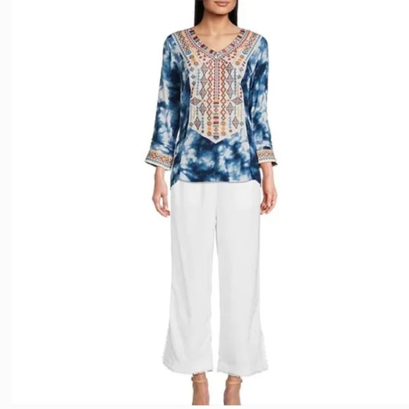 NWT John Mark BLUE HAZE Colorful Embroidered TIE DYE GAUZY BOHO Tunic To… - Picture 3 of 14